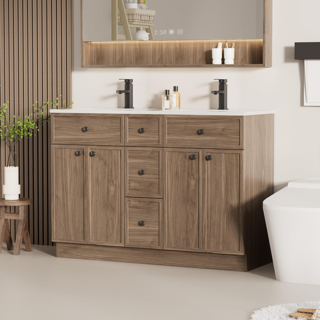 LUCKWIND Farmhouse Bathroom Vanity with Sink, Rustic Modern Bathroom Cabinet with Undermount Solid Surface Sink