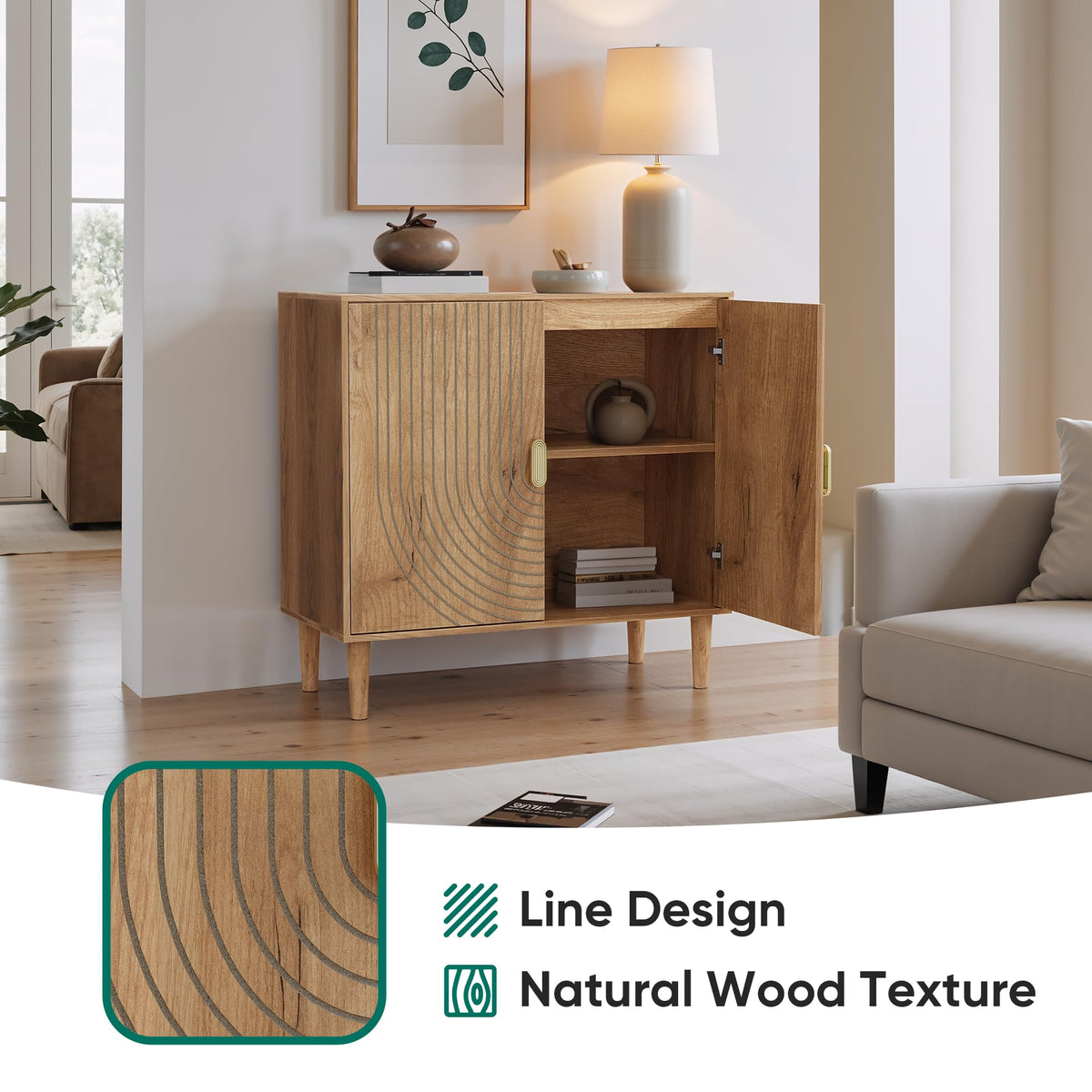 Freestanding Sideboard Storage Cabinet with Line Groove Design