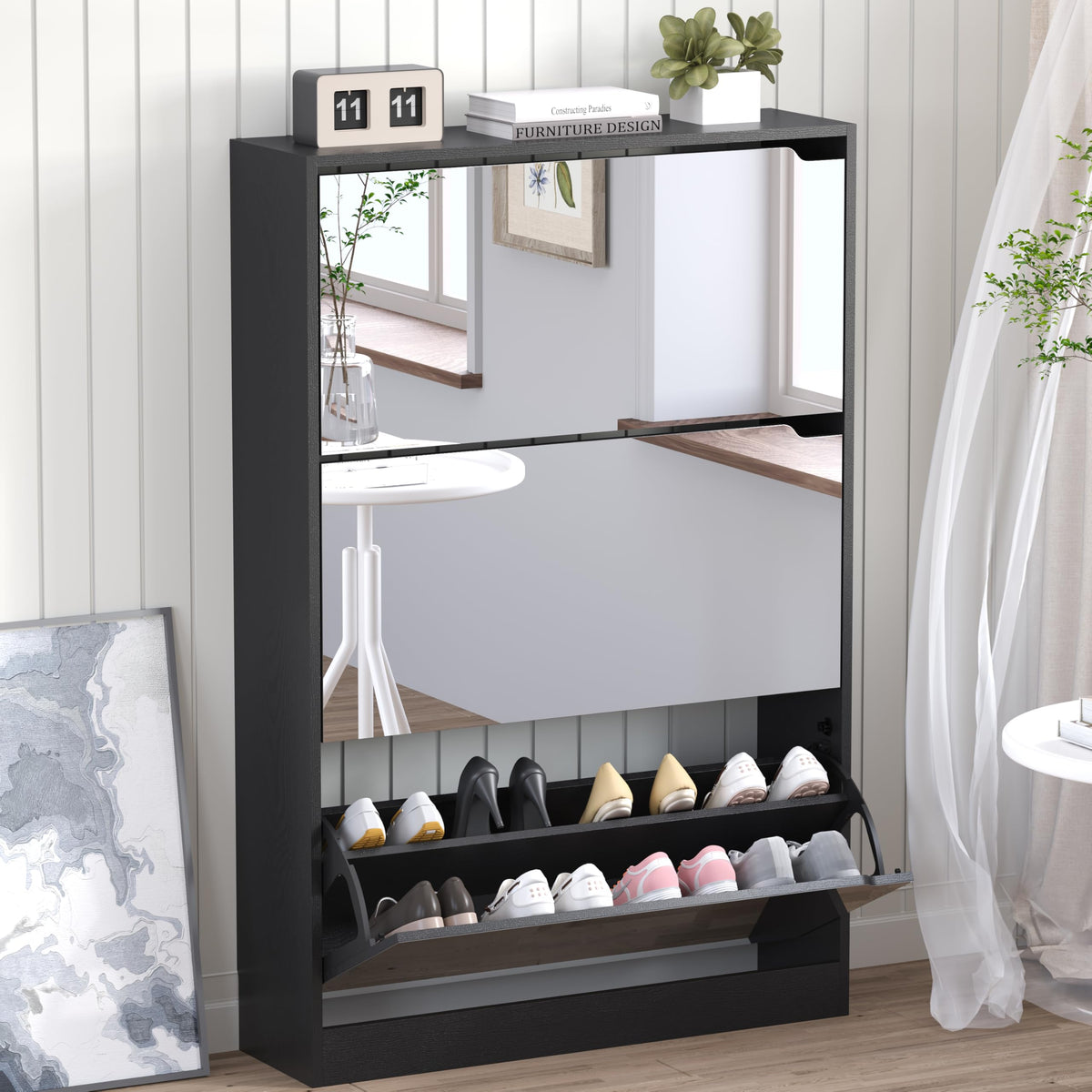 BORNOON Shoe Cabinet, Slim Narrow Shoe Storage Cabinet, Freestanding Shoe Organizer with Adjustable & Removable Shelves, Top Display Shelf for Entryway, Hallway, Foyer, Closet