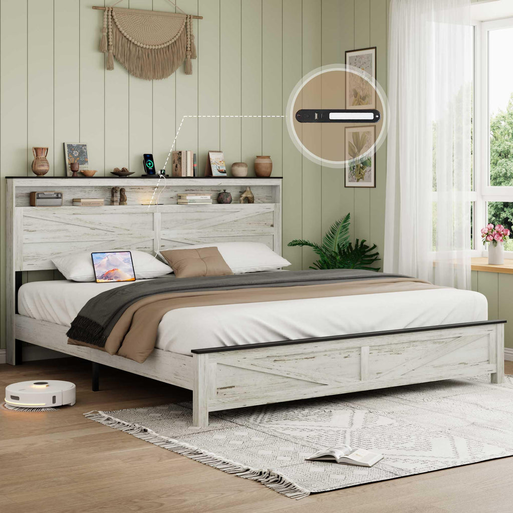 King Platform Bed Frame, Hidden Storage, Wood Headboard, Antique White/Gray