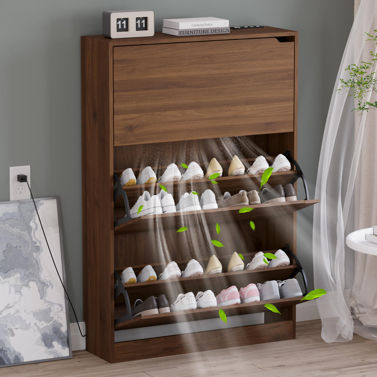 BORNOON Shoe Cabinet, Slim Narrow Shoe Storage Cabinet, Freestanding Shoe Organizer with Adjustable & Removable Shelves, Top Display Shelf for Entryway, Hallway, Foyer, Closet