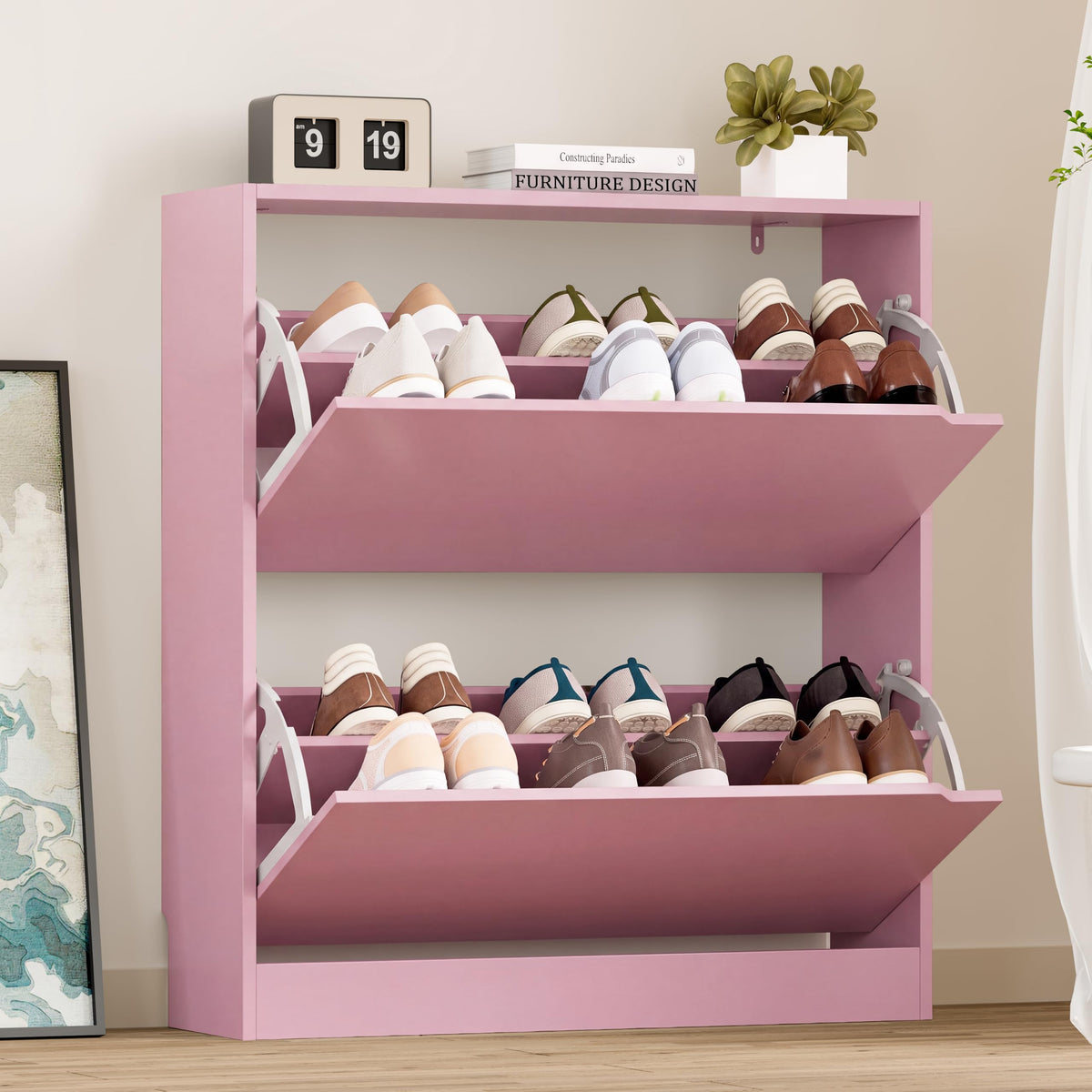 BORNOON Shoe Cabinet, Slim Narrow Shoe Storage Cabinet, Freestanding Shoe Organizer with Adjustable & Removable Shelves, Top Display Shelf for Entryway, Hallway, Foyer, Closet