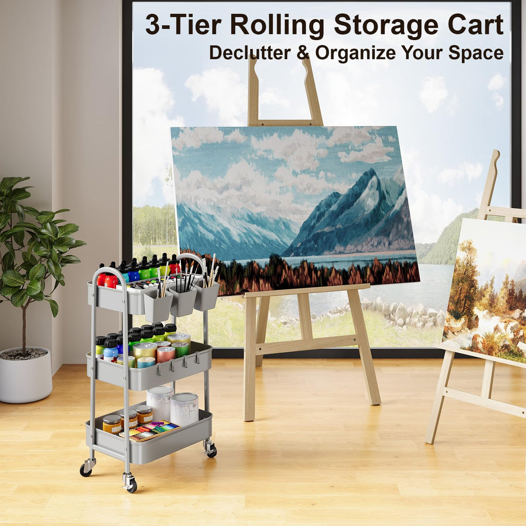 3 Tier Heavy Duty White Metal Rolling Cart with Lockable Wheels, Three Tier Roller Book Snack Cart, Utility Storage Organizer Carts for Kitchen, Bathroom, Garage, Baby Diaper, Craft, Art, Teacher