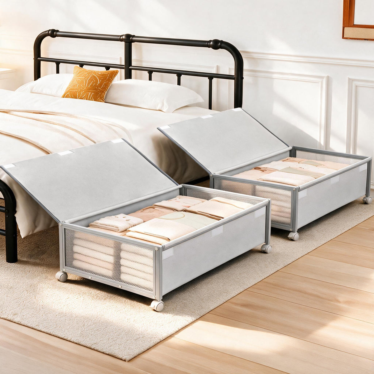 Fokyfok 2 Pack Under the Bed Storage Containers,31 inch Long Underbed Storage with Wheels,12 inch Height Under Bed Shoe Storage,Large Rolling under bed Clothes Storage Drawers with Lid for Dorm,Parent