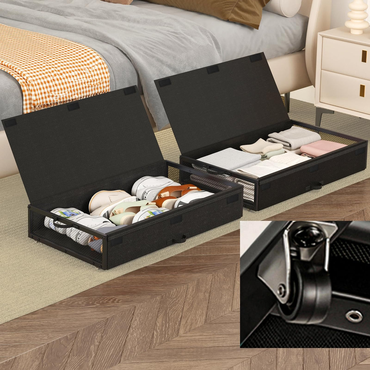 Fokyfok 2 Pack Under the Bed Storage Containers,31 inch Long Underbed Storage with Wheels,12 inch Height Under Bed Shoe Storage,Large Rolling under bed Clothes Storage Drawers with Lid for Dorm,Parent