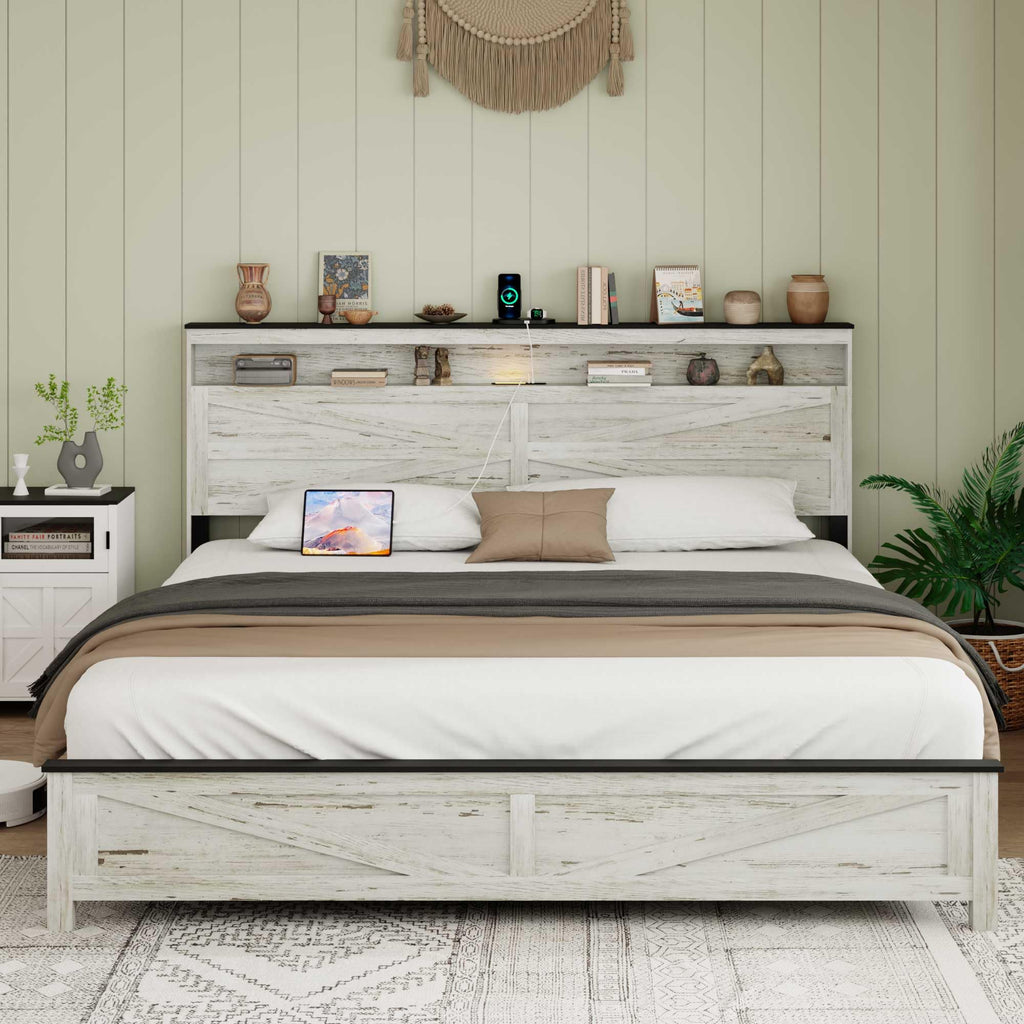 King Platform Bed Frame, Hidden Storage, Wood Headboard, Antique White/Gray