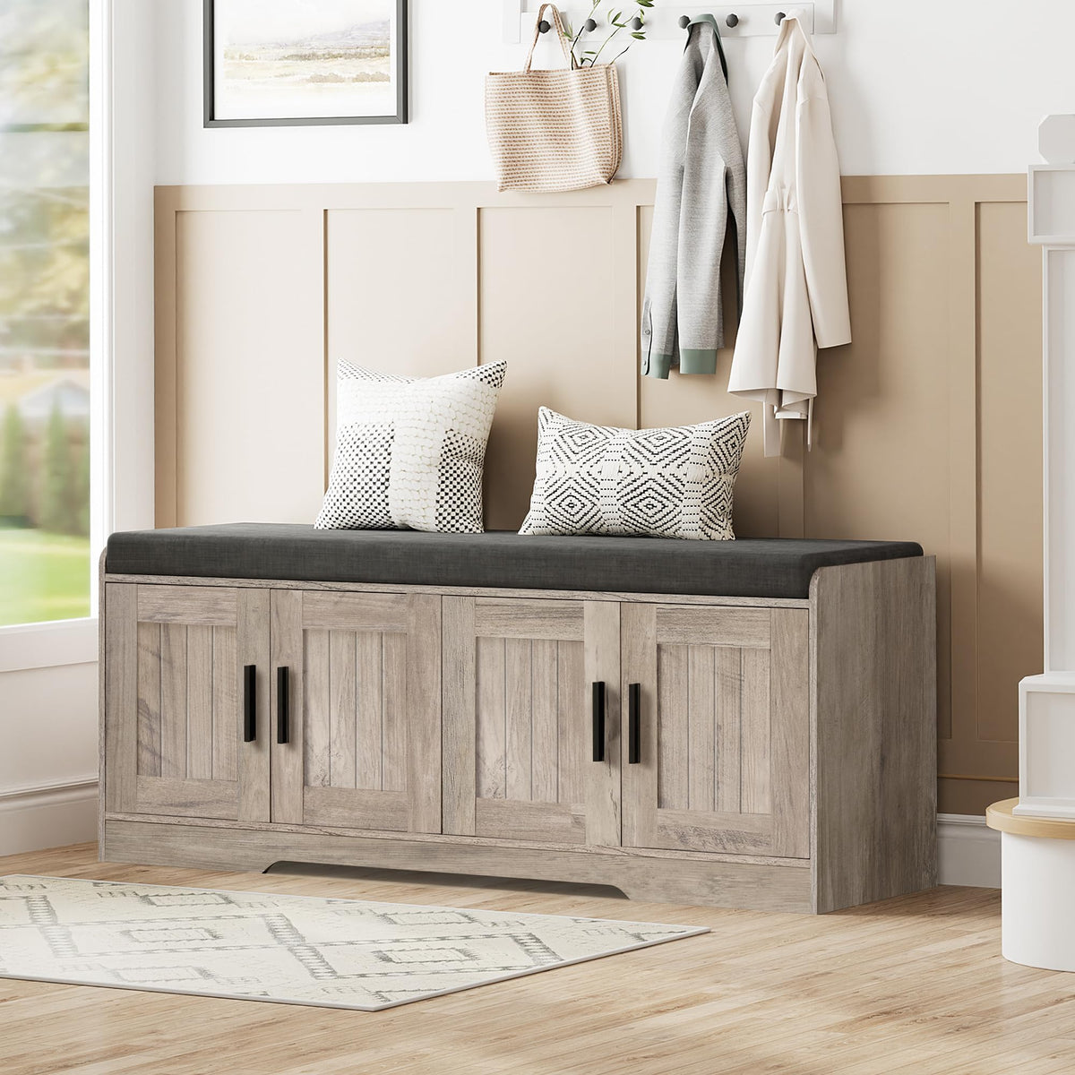 2-Tier Entryway Shoe Storage Bench with Padded Seat Cushion