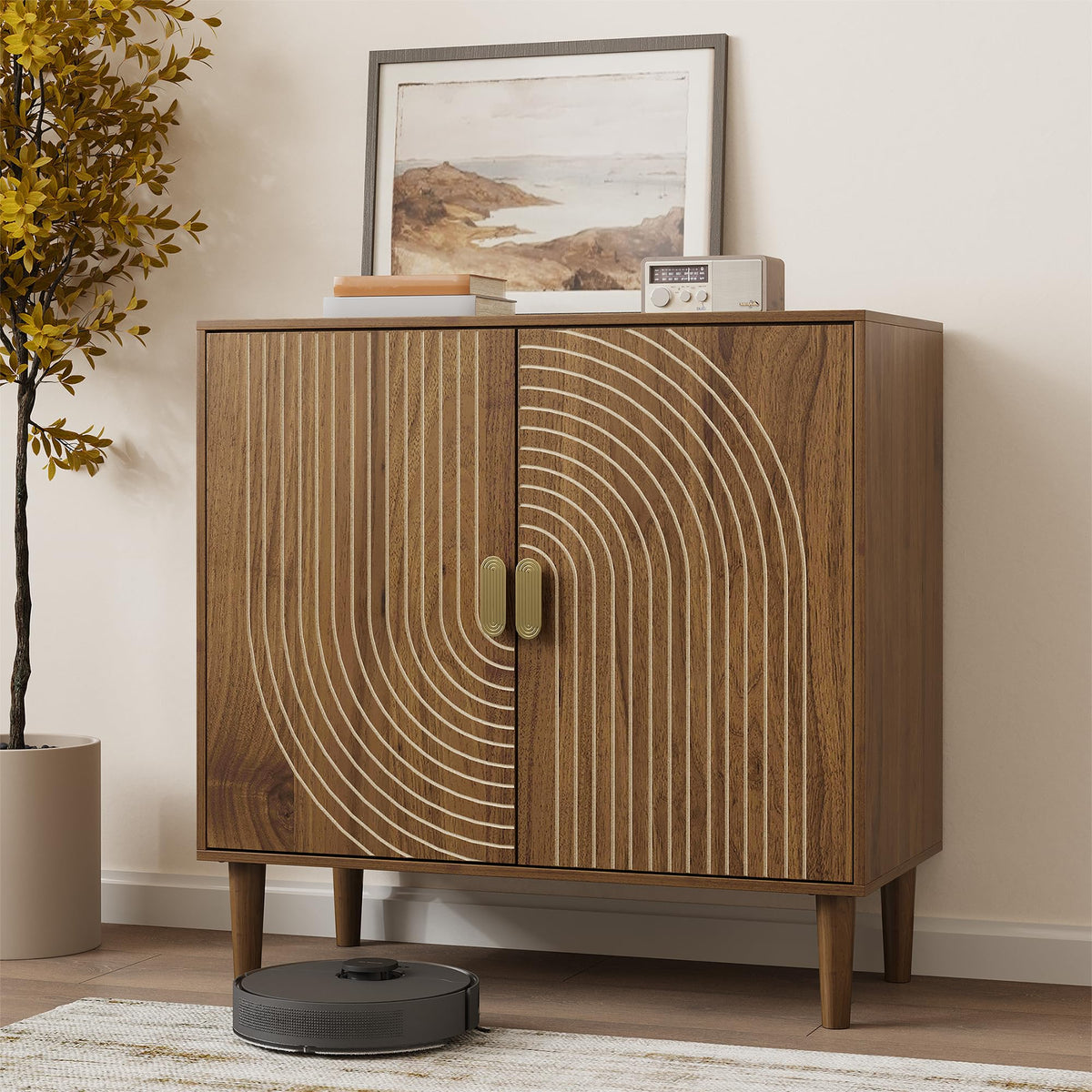 Freestanding Sideboard Storage Cabinet with Line Groove Design