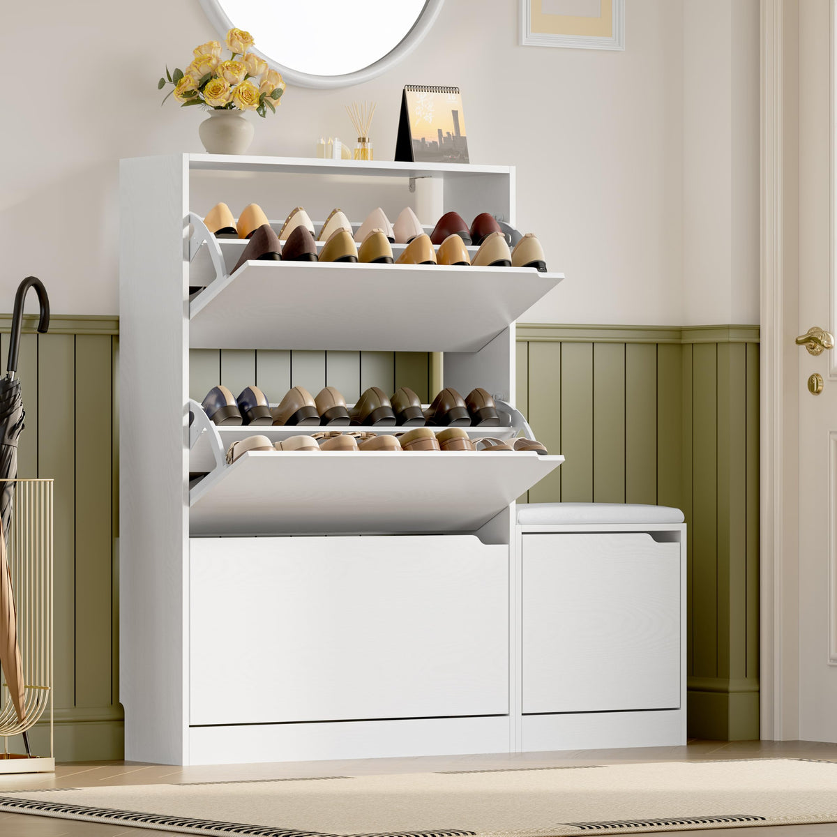 BORNOON Shoe Cabinet, Slim Narrow Shoe Storage Cabinet, Freestanding Shoe Organizer with Adjustable & Removable Shelves, Top Display Shelf for Entryway, Hallway, Foyer, Closet