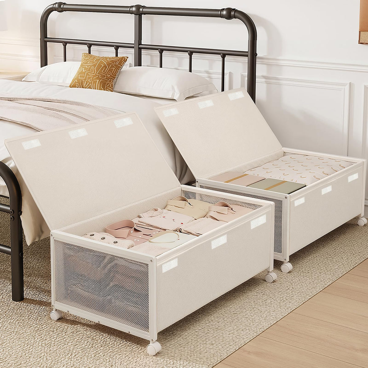 Fokyfok 2 Pack Under the Bed Storage Containers,31 inch Long Underbed Storage with Wheels,12 inch Height Under Bed Shoe Storage,Large Rolling under bed Clothes Storage Drawers with Lid for Dorm,Parent