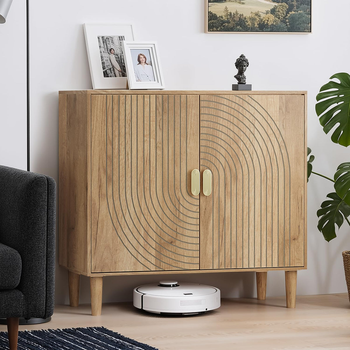 Freestanding Sideboard Storage Cabinet with Line Groove Design
