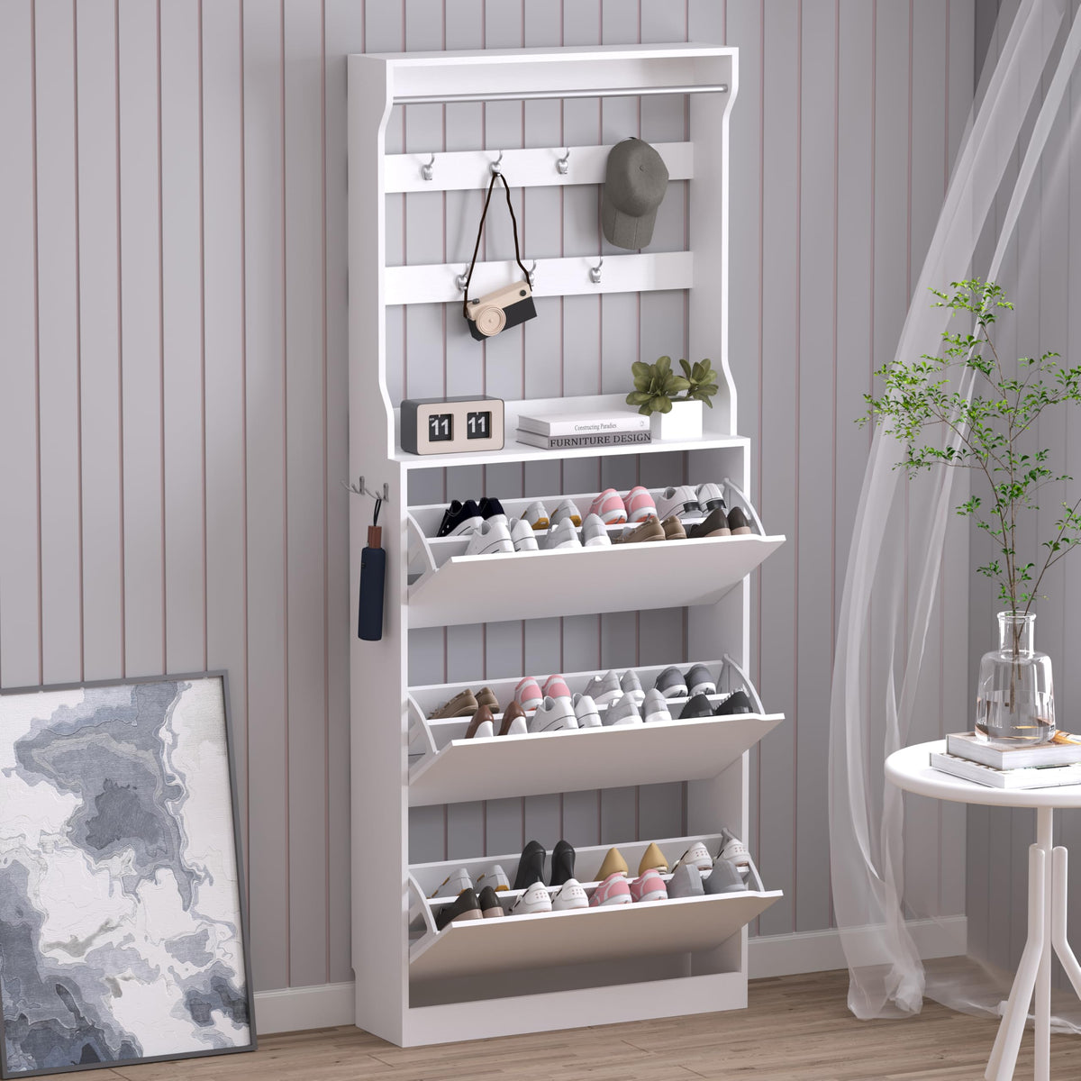 BORNOON Shoe Cabinet, Slim Narrow Shoe Storage Cabinet, Freestanding Shoe Organizer with Adjustable & Removable Shelves, Top Display Shelf for Entryway, Hallway, Foyer, Closet
