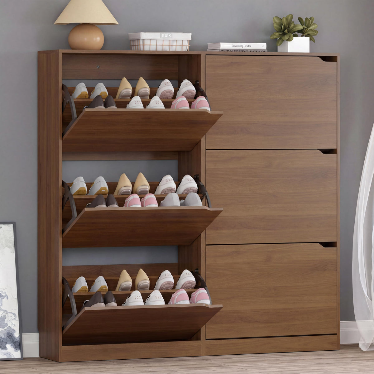 BORNOON Shoe Cabinet, Slim Narrow Shoe Storage Cabinet, Freestanding Shoe Organizer with Adjustable & Removable Shelves, Top Display Shelf for Entryway, Hallway, Foyer, Closet
