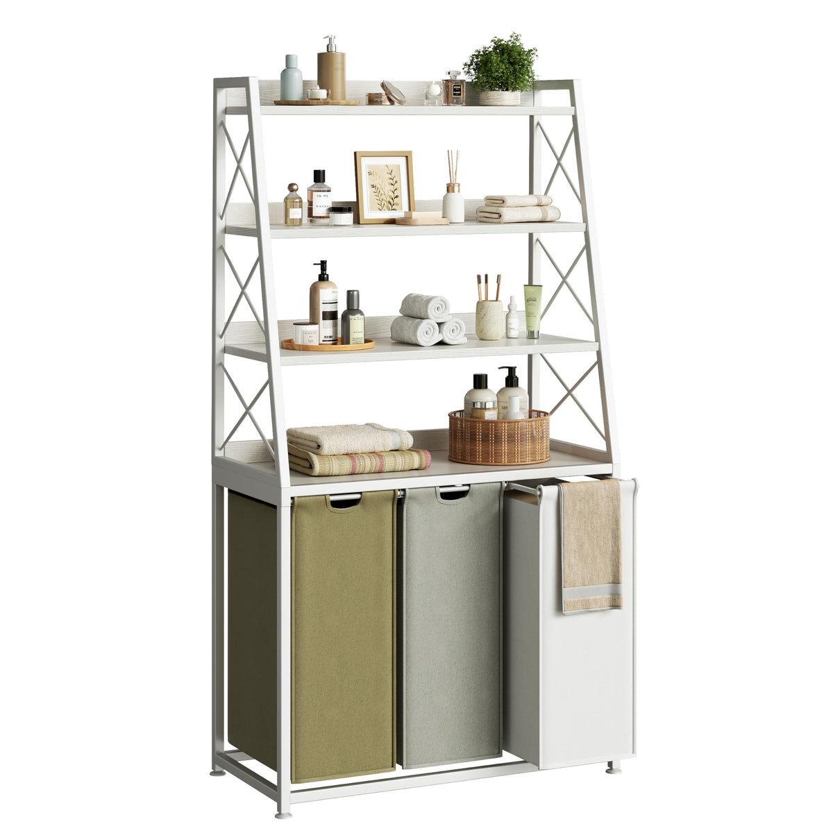 Herture 3 Section Laundry Hamper, 4 Tier Shelf, Pull-Out & Removable Bags, Large 3 x 15.87 Gallons, for Room