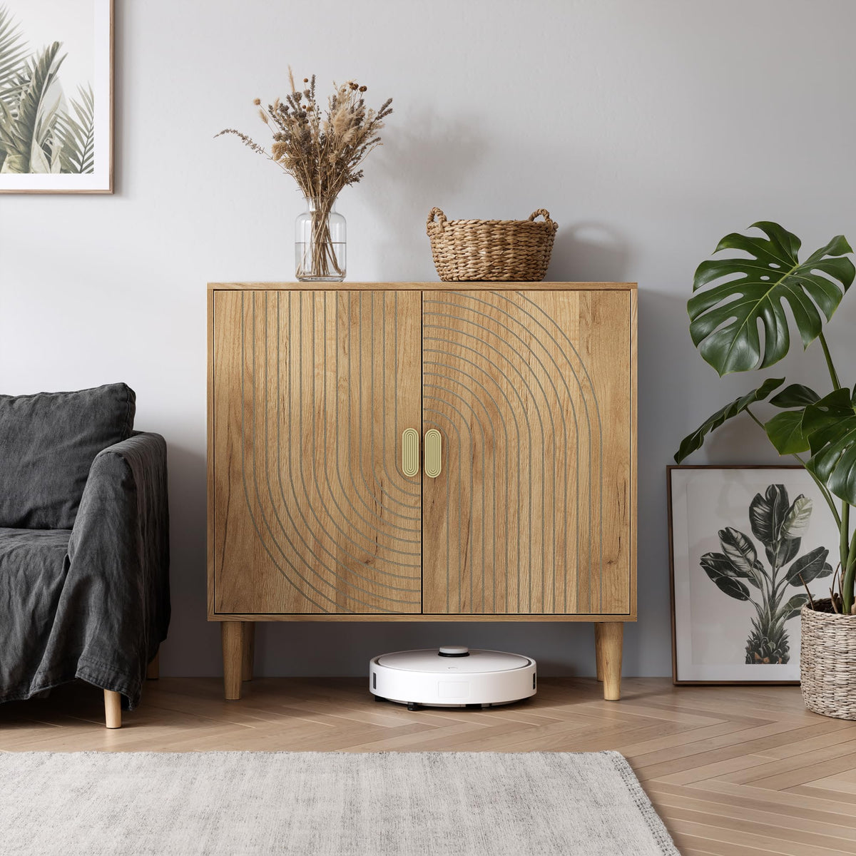 Freestanding Sideboard Storage Cabinet with Line Groove Design