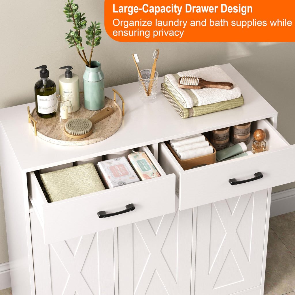 Herture Laundry Hamper Cabinet, Laundry Basket 3 Section with Storage Drawers, Laundry Sorter with Pull-Out Removable Large Bags for Laundry Room Bathroom