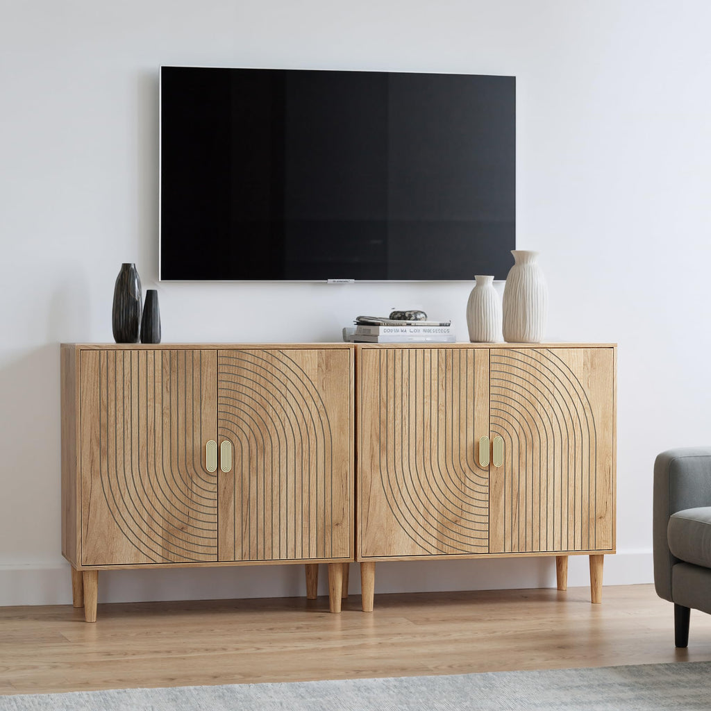Freestanding Sideboard Storage Cabinet with Line Groove Design