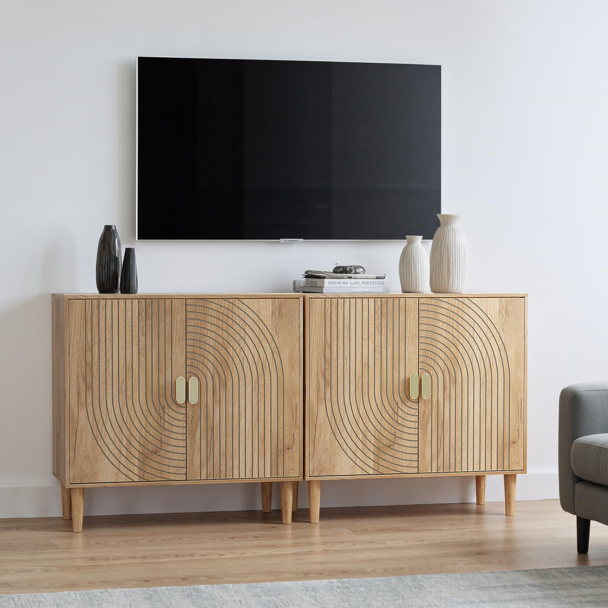 Freestanding Sideboard Storage Cabinet with Line Groove Design