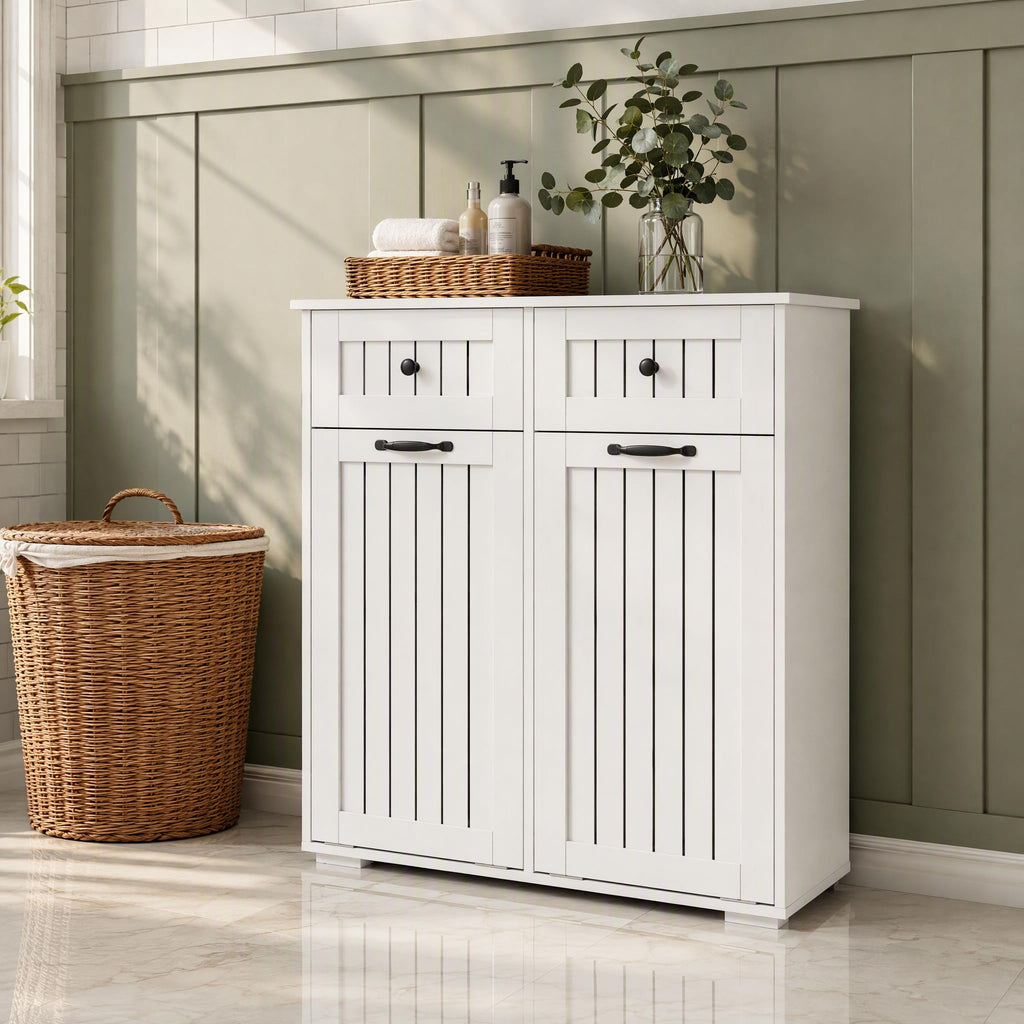 Double Tilt Out Laundry Hamper Cabinet with Drawers & 2 Removable Liners