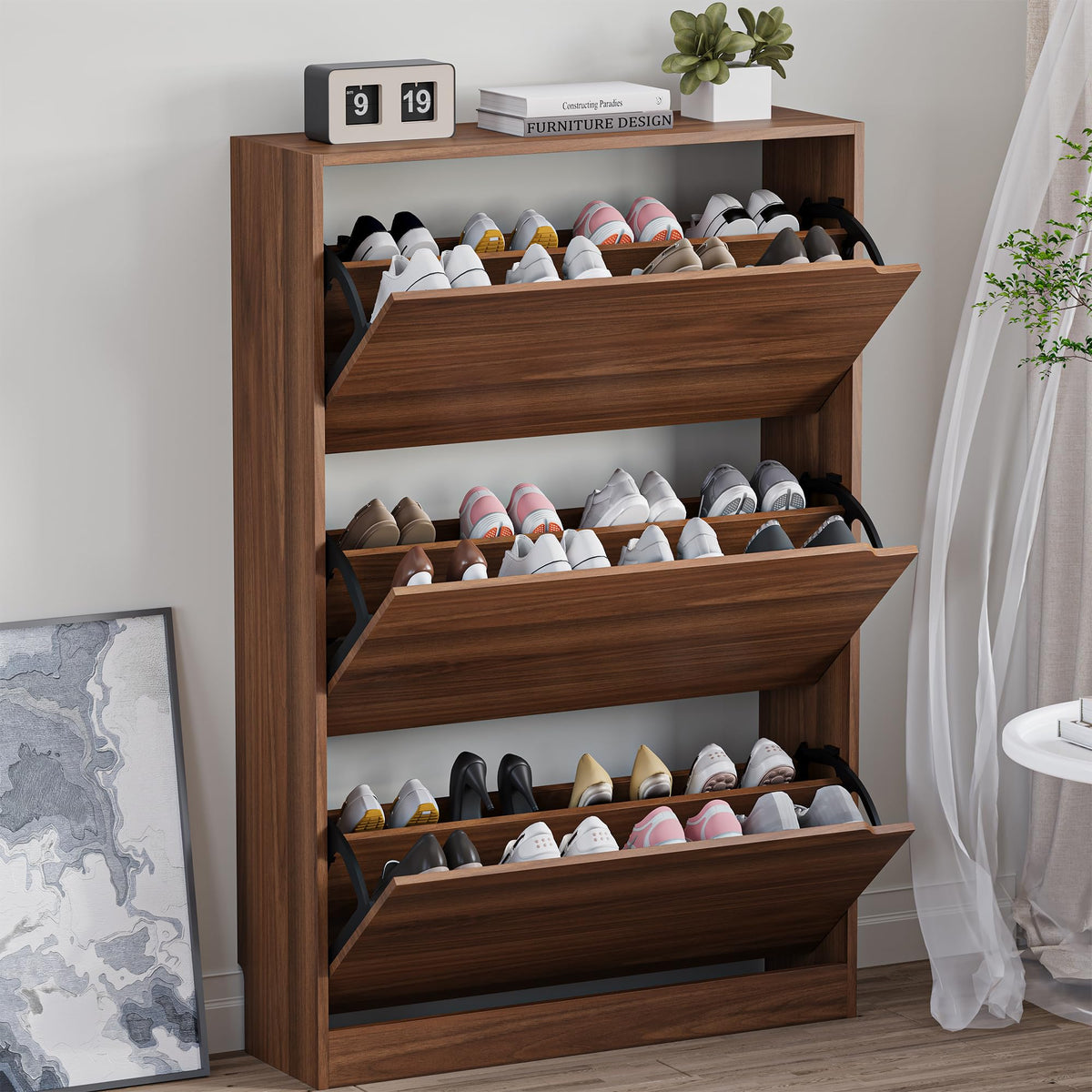 BORNOON Shoe Cabinet, Slim Narrow Shoe Storage Cabinet, Freestanding Shoe Organizer with Adjustable & Removable Shelves, Top Display Shelf for Entryway, Hallway, Foyer, Closet