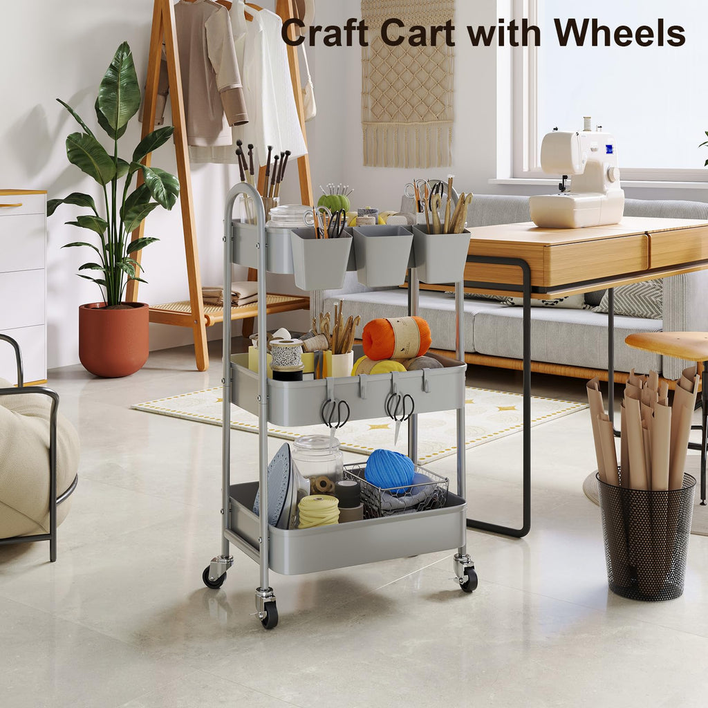 3 Tier Heavy Duty White Metal Rolling Cart with Lockable Wheels, Three Tier Roller Book Snack Cart, Utility Storage Organizer Carts for Kitchen, Bathroom, Garage, Baby Diaper, Craft, Art, Teacher