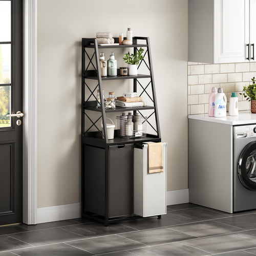 3-Section Laundry Hamper with 4-Tier Shelf & Removable Bags