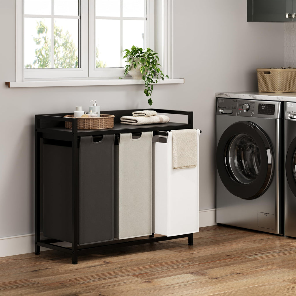 Herture Laundry Hampers with Shelf and Pull-Out Laundry Bag - Large Metal Frame