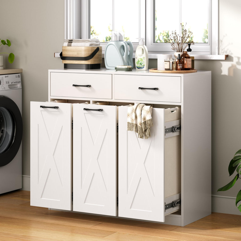 Herture Laundry Hamper Cabinet, Laundry Basket 3 Section with Storage Drawers, Laundry Sorter with Pull-Out Removable Large Bags for Laundry Room Bathroom