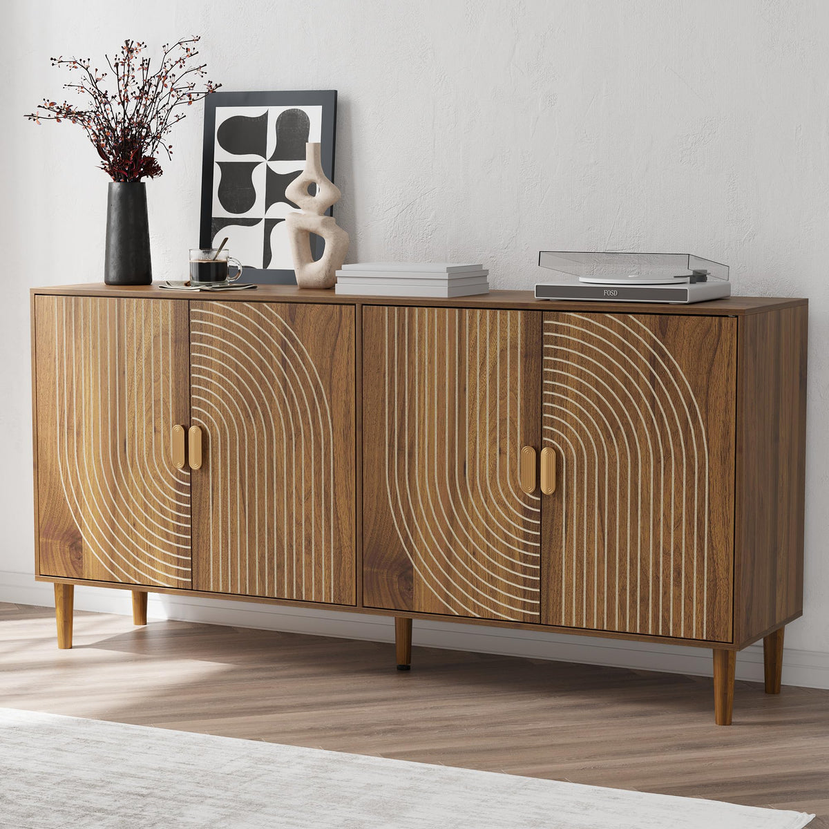 Freestanding Sideboard Storage Cabinet with Line Groove Design