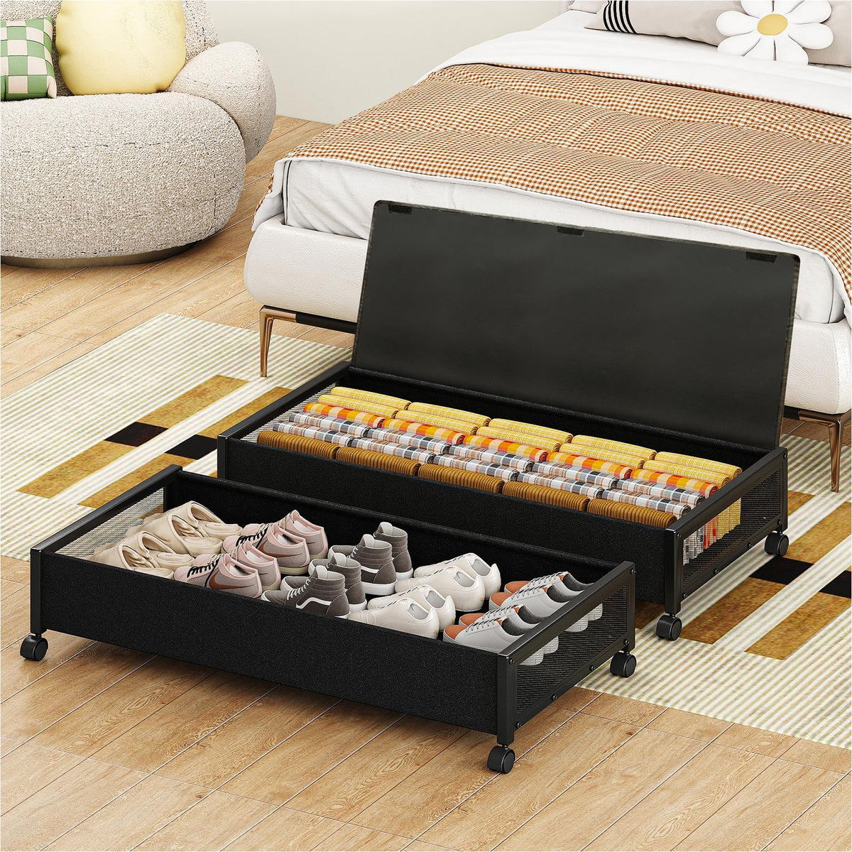 Fokyfok 2 Pack Under the Bed Storage Containers,31 inch Long Underbed Storage with Wheels,12 inch Height Under Bed Shoe Storage,Large Rolling under bed Clothes Storage Drawers with Lid for Dorm,Parent