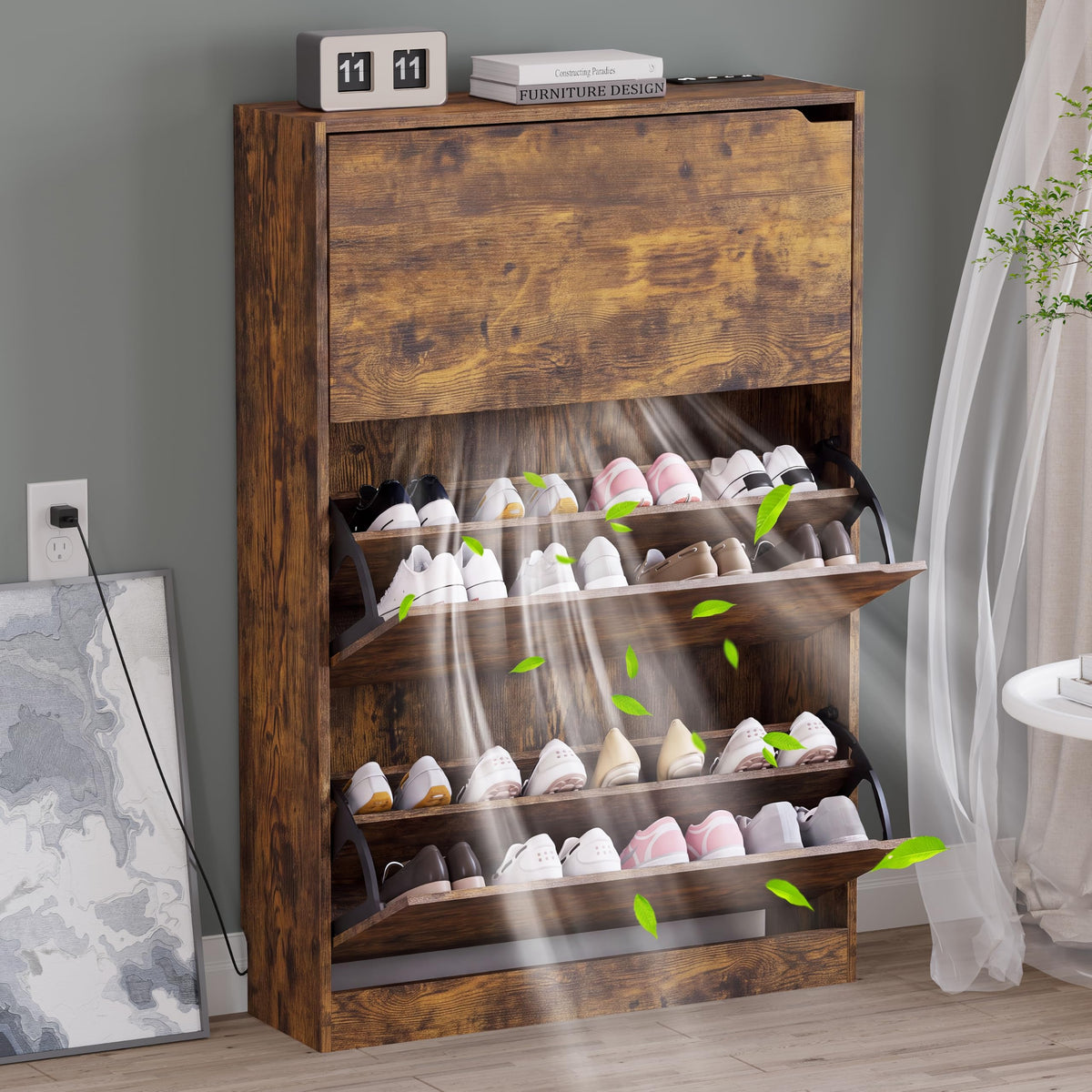 BORNOON Shoe Cabinet, Slim Narrow Shoe Storage Cabinet, Freestanding Shoe Organizer with Adjustable & Removable Shelves, Top Display Shelf for Entryway, Hallway, Foyer, Closet