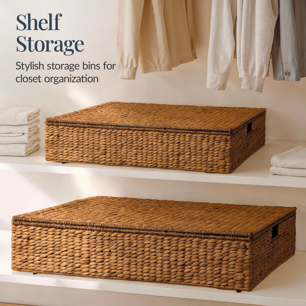Best Choice Products 2-Pack Large Handwoven Water Hyacinth Under Bed Nesting Storage Bins W/Lid and Wheels, Closet Organizer, Storage Container, Multi-Purpose Basket
