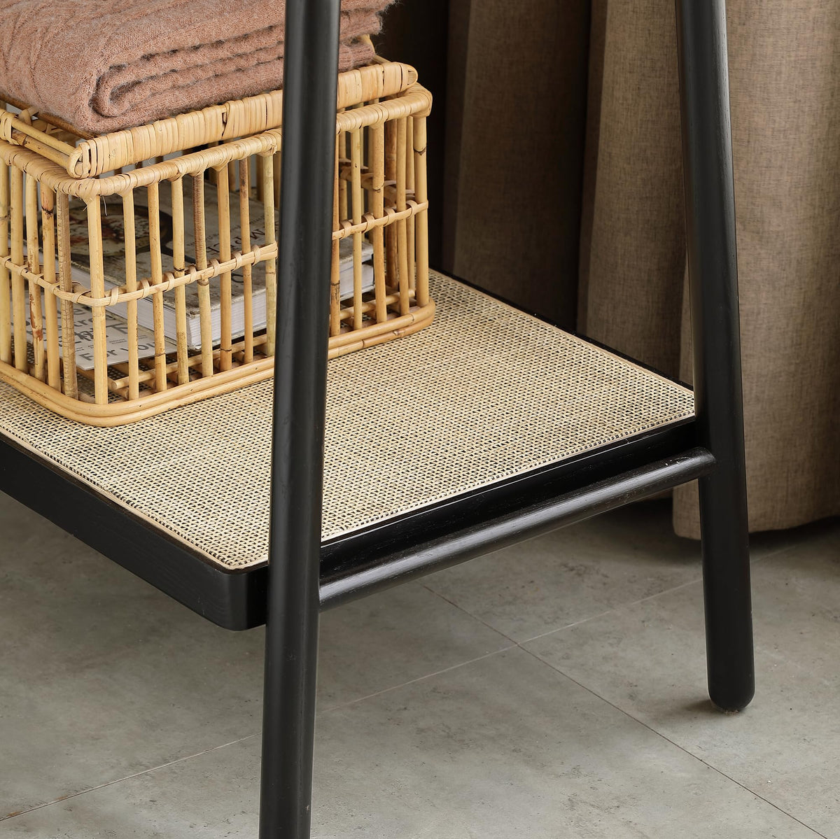 YZFfnte Black Solid Oak Wood Clothes Rack with Black Rattan Hangers & Shelves - Sturdy Trapezoidal Structure, Versatile Garment Stand for Hanging Clothes, Bags, Shoes (18.1" D x 27.5" W x 65" H)