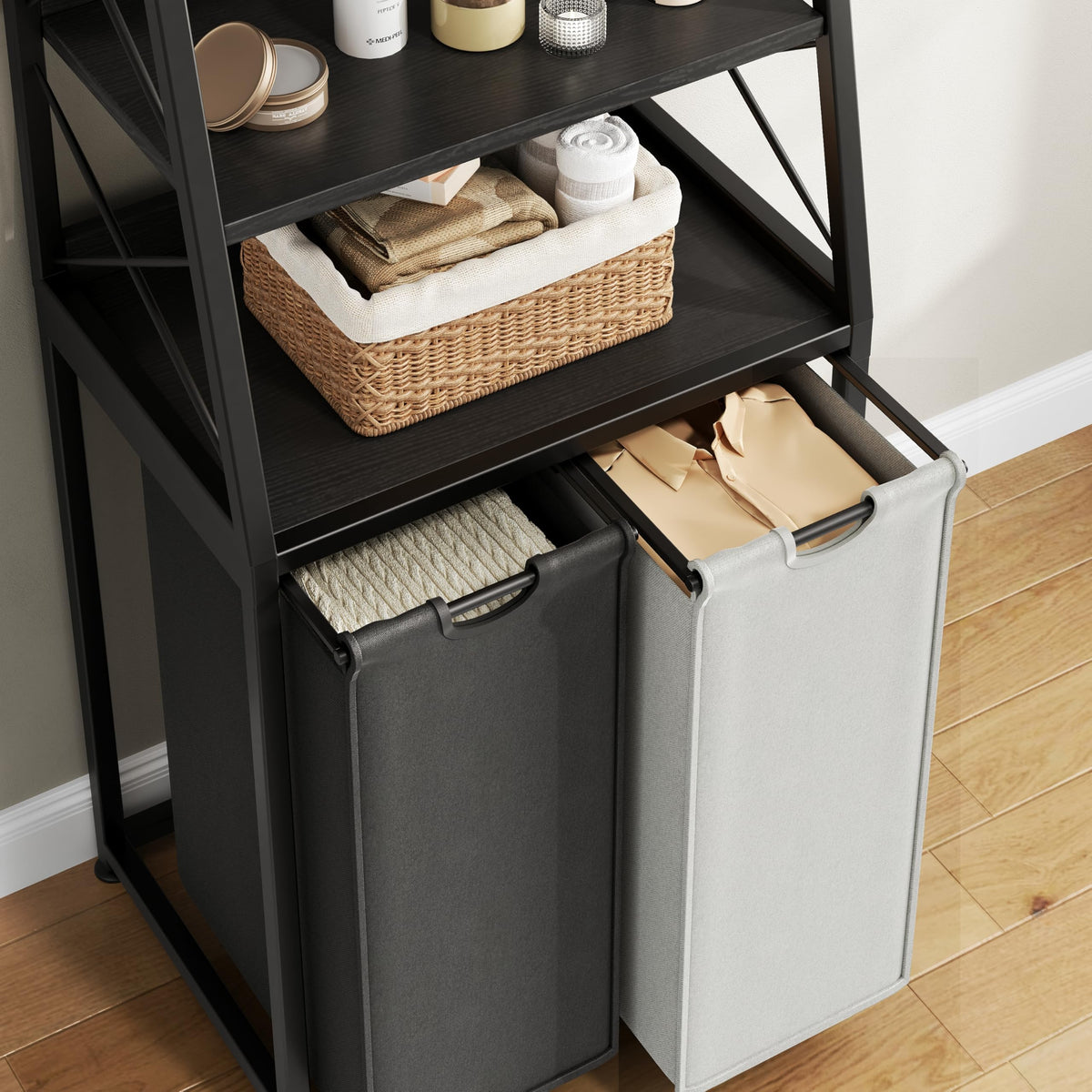 3-Section Laundry Hamper with 4-Tier Shelf & Removable Bags