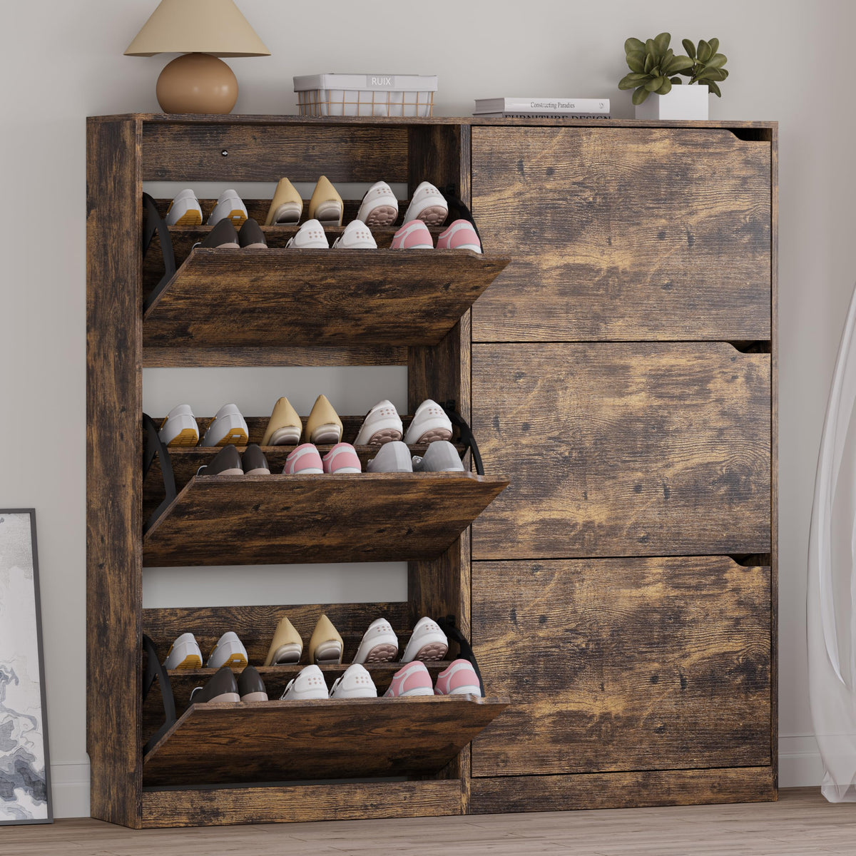 BORNOON Shoe Cabinet, Slim Narrow Shoe Storage Cabinet, Freestanding Shoe Organizer with Adjustable & Removable Shelves, Top Display Shelf for Entryway, Hallway, Foyer, Closet