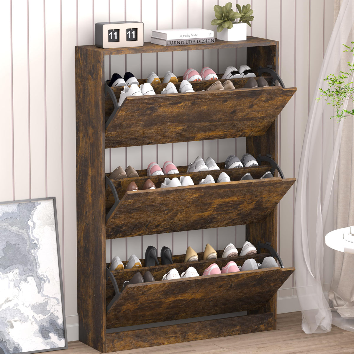 BORNOON Shoe Cabinet, Slim Narrow Shoe Storage Cabinet, Freestanding Shoe Organizer with Adjustable & Removable Shelves, Top Display Shelf for Entryway, Hallway, Foyer, Closet